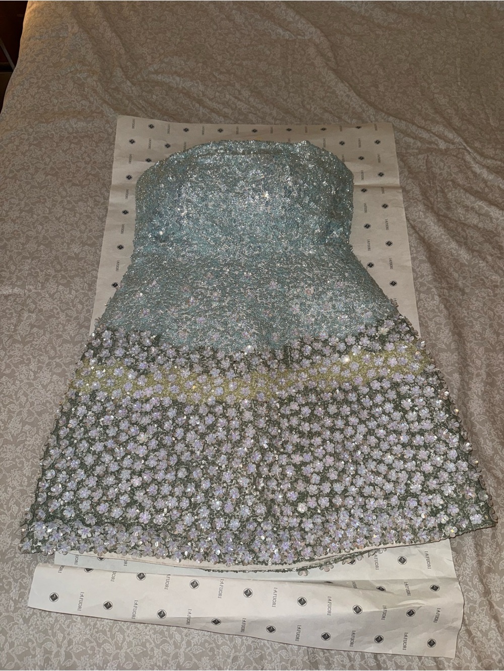 Strapless Aqua Floral Appliqué Mini Dress - Picture 10 of 14